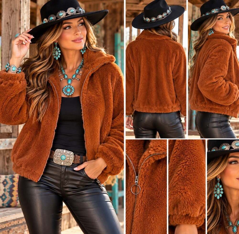 Angel Kiss Womens L Brown Teddy Faux Fur Jacket Full Zip Sherpa Western Boho